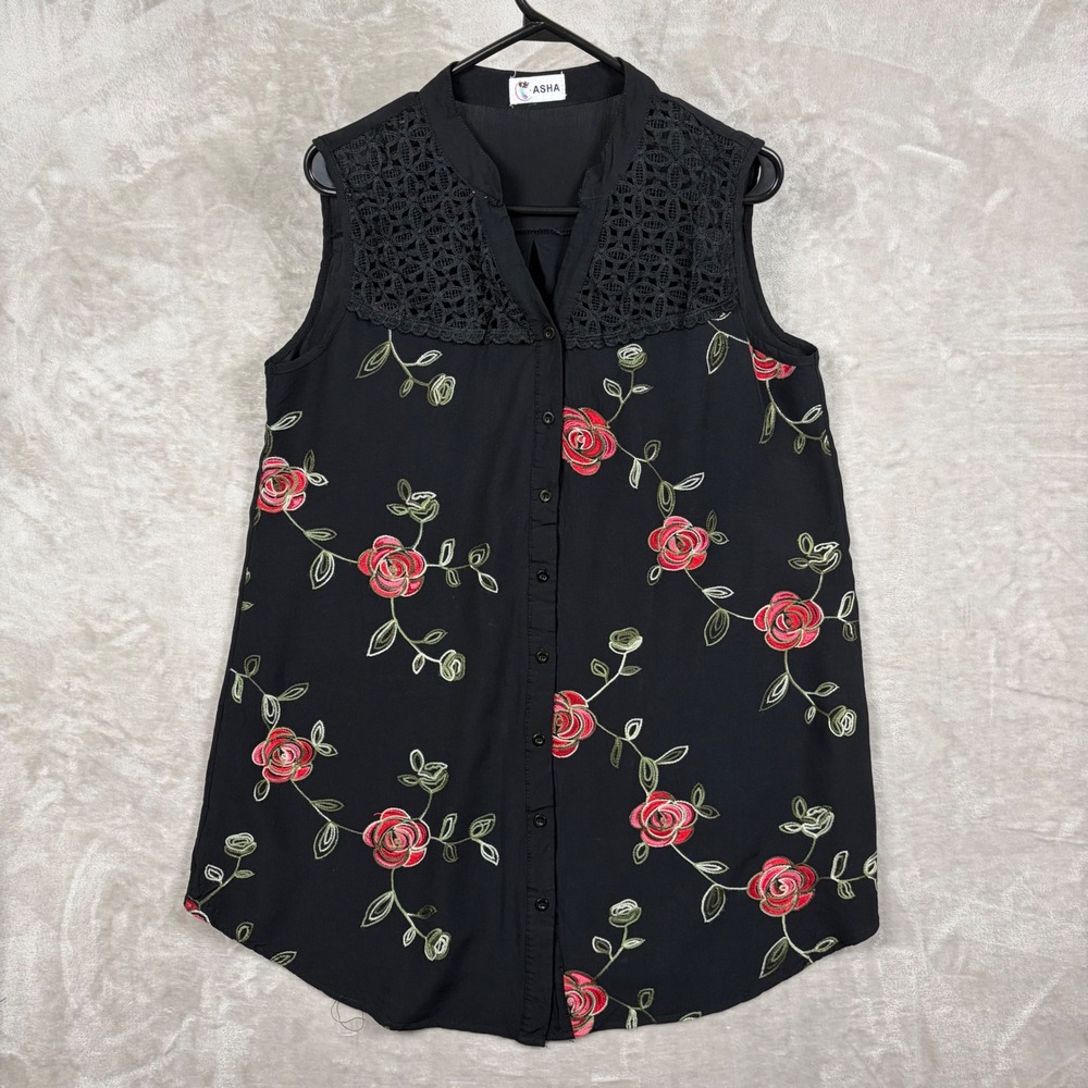 Asha Black Sleeveless Floral Embroidered Lace Button Down Top Size M Retro Chic